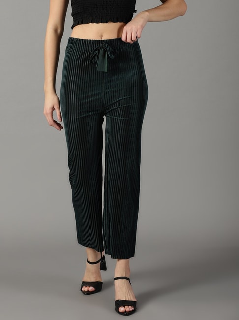 SHOWOFF Green Self Design Straight Fit Mid Rise Parallel Trousers