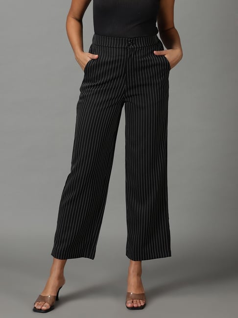 SHOWOFFFF Black Striped Straight Fit Mid Rise Trousers-picture-35