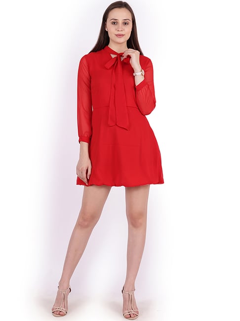 red stripe cotton mini bow tie dress Ganni Striped Mini Dress With Bow Accents in Red