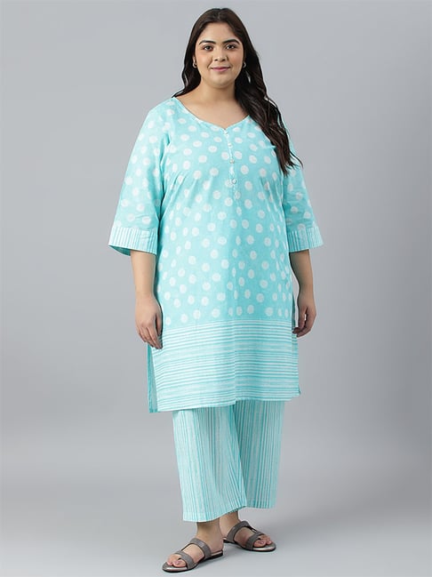 Aurelia Blue Cotton Printed Kurta Pant Set