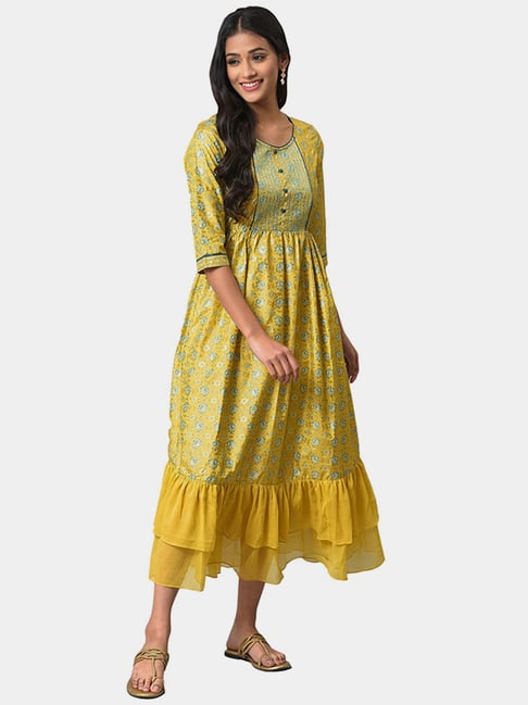 Aurelia Yellow Printed A-Line Dress Price in India
