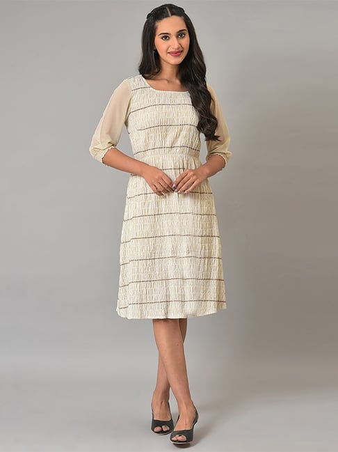 Aurelia White Cotton Self Pattern A-Line Dress Price in India