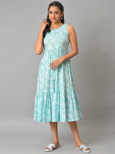 Aurelia Blue Cotton Printed A-Line Dress Price in India