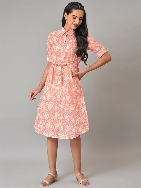 Aurelia Peach Cotton Printed A-Line Dress Price in India