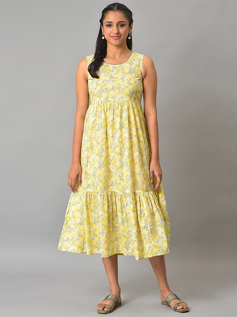 Aurelia Yellow Cotton Printed A-Line Dress Price in India