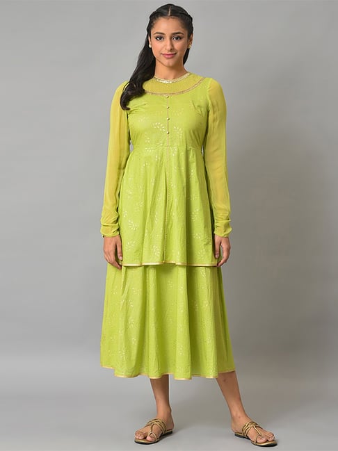 Aurelia Green Cotton Printed A-Line Dress Price in India