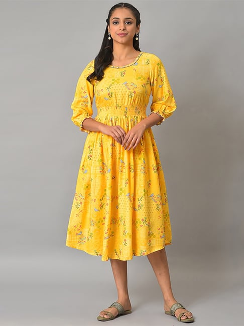 Aurelia Yellow Cotton Printed A-Line Dress Price in India