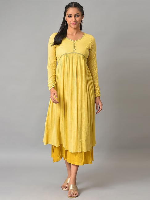 Aurelia Yellow Cotton Embellished A-Line Dress Price in India