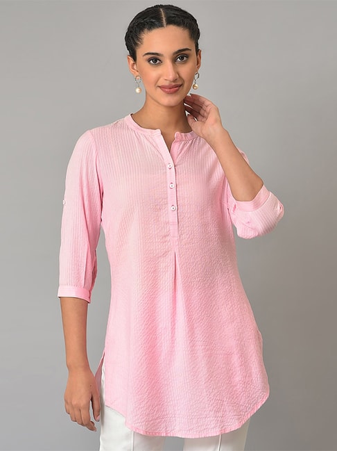 Cotton readymade short kurti baby pink with allover prints & simple ne –  Maatshi
