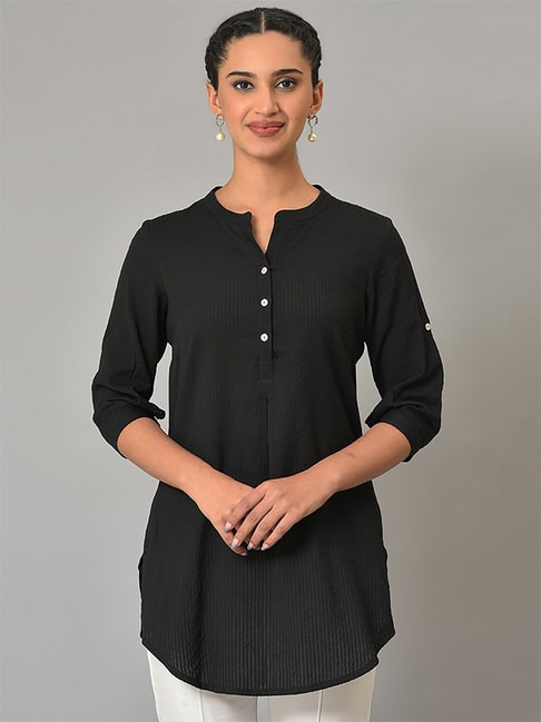 Aprique FAB Women Black Solid Cotton Straight Kurti - Absolutely Desi