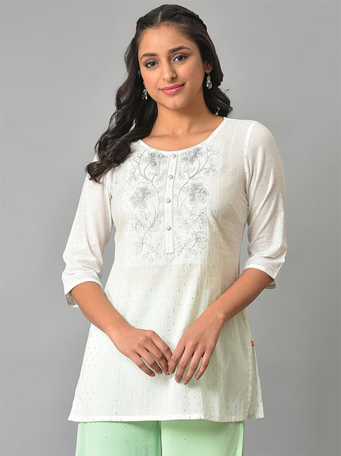 Exotic India Bright-White Short Kurti with Embroidery and Dori on Neck -  Color Blue Size X-Large at Amazon Women's Clothing store