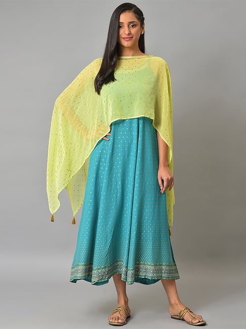 Aurelia Blue Printed Flared Kurta With Cape-picture-34