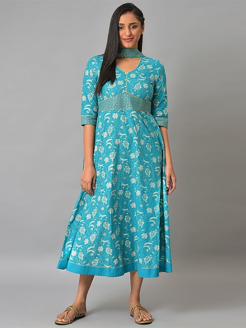 Aurelia Women Blue Floral Print Cotton Dress with Dupatta-picture-27
