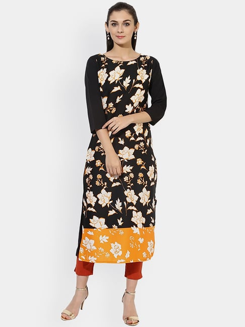 Vaamsi Black & Mustard Printed Straight Kurta