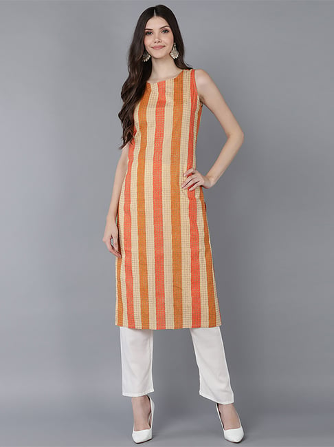 Vaamsi Cream Cotton Printed Straight Kurta