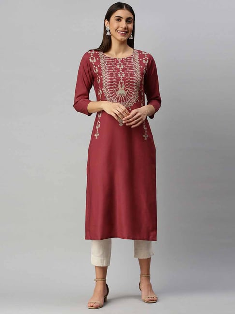 Vaamsi Maroon Printed Straight Kurta