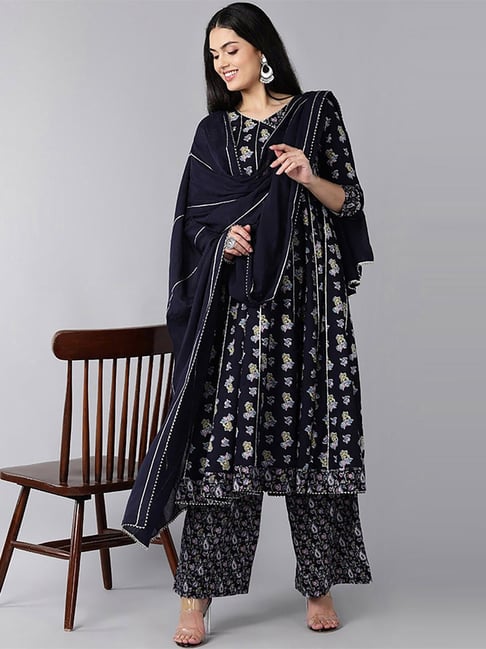 Vaamsi Navy Cotton Floral Print Kurta Palazzo Set With Dupatta Price in India