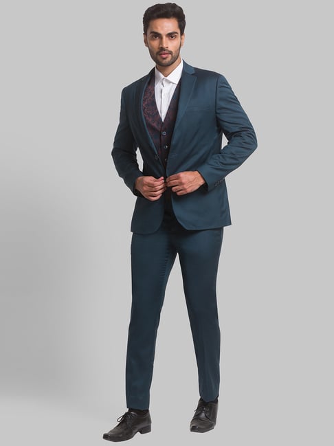 Park Avenue Blue Super Slim Fit Printed Three Piece Suit