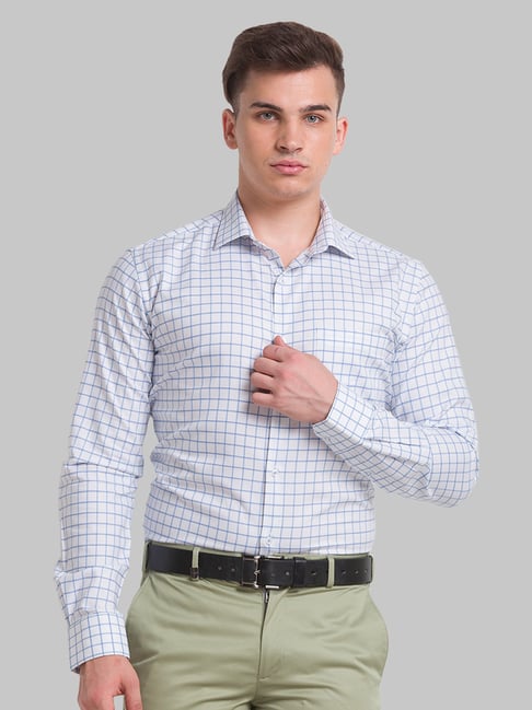 Park Avenue Blue & White Cotton Slim Fit Checks Shirt