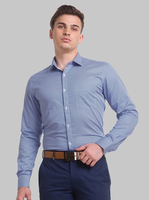 Park Avenue Blue Cotton Slim Fit Printed Shirt