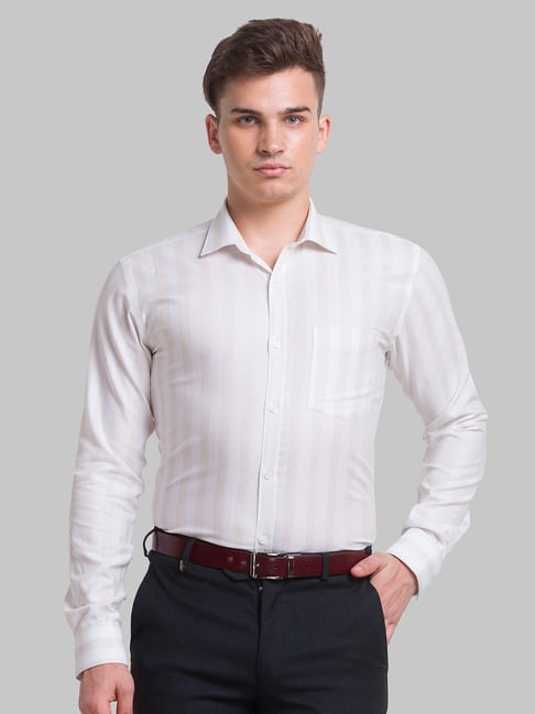 Park Avenue Beige & White Cotton Slim Fit Striped Shirt