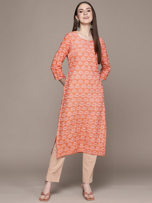 Ziyaa Orange Printed Straight Kurta