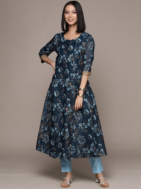 Ziyaa Blue Floral Print Kurta Pant Set Price in India