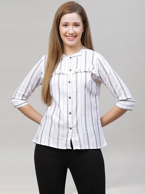 SELVIA White Cotton Striped Formal Shirt Price in India