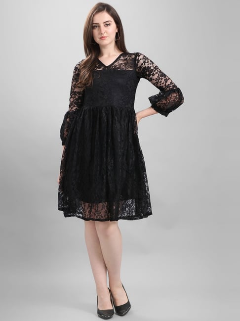 SELVIA Black Self Pattern A-Line Dress Price in India