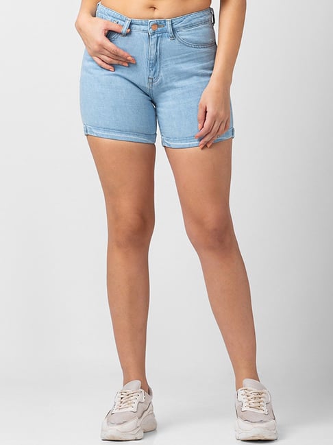 Spykar Sky Blue Mid Rise Shorts-picture-45
