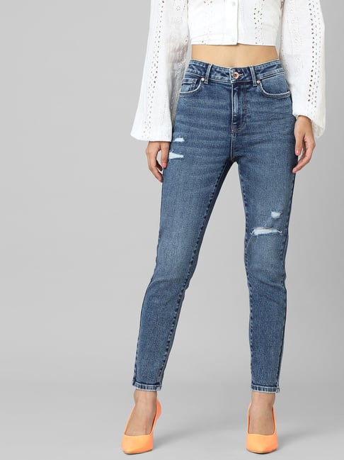 Only Blue Cotton Distressed Jeans