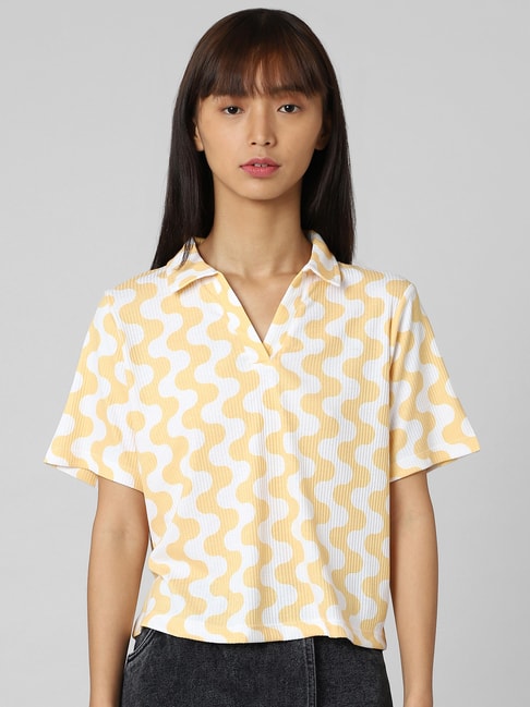 Only Yellow & White Cotton Printed Polo T-Shirt Price in India