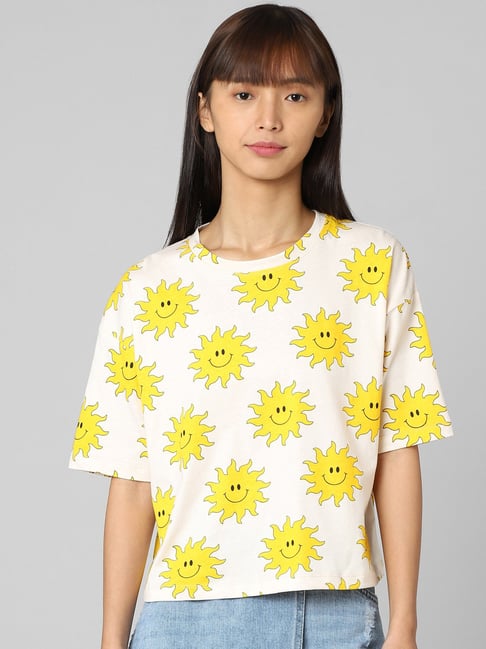 Only Yellow & Baby Pink Cotton Printed T-Shirt