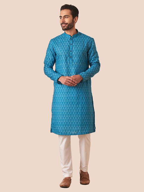 Buy Manyavar Silk Blend Blue Kurta with Pencil Pajama (Set of 2) online