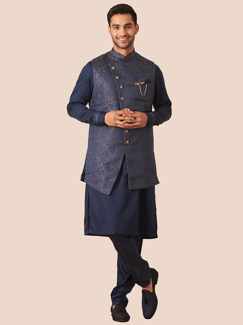 Manyavar Navy Regular Fit Printed Kurta & Pyjamas With Nehru Jacket