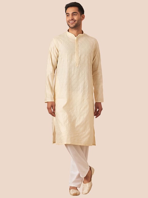 Manyavar Beige & White Regular Fit Self Design Kurta & Pyjamas Set