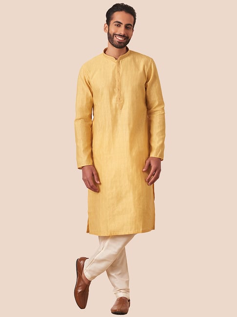 Manyavar Yellow & Beige Regular Fit Self Design Kurta & Pyjamas Set