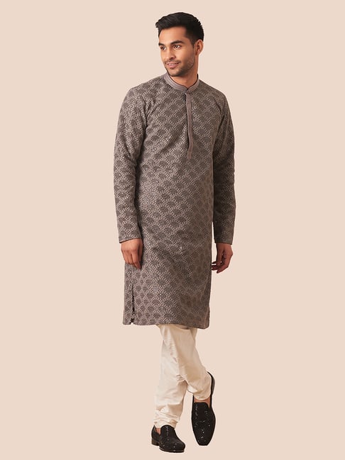 Manyavar Grey & Light Beige Regular Fit Embroidered Kurta & Pyjamas Set