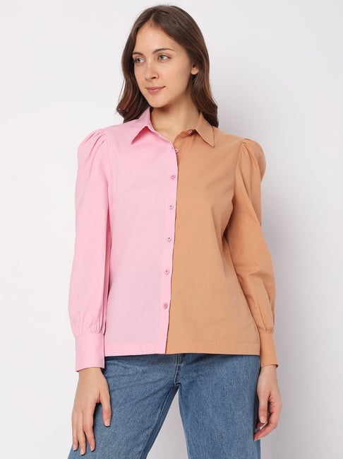 Vero Moda Brown & Pink Color-Block Shirt Price in India