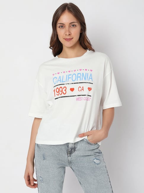 Vero Moda White Cotton Graphic Print T-Shirt