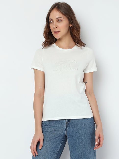 Vero Moda White Cotton Graphic Print T-Shirt