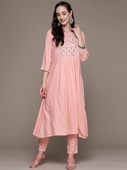 Anubhutee Peach Embroidered Kurta Pant Set Price in India