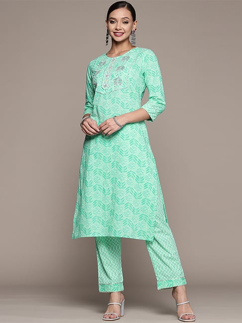 Anubhutee Mint Green Cotton Floral Print Kurta Pant Set Price in India