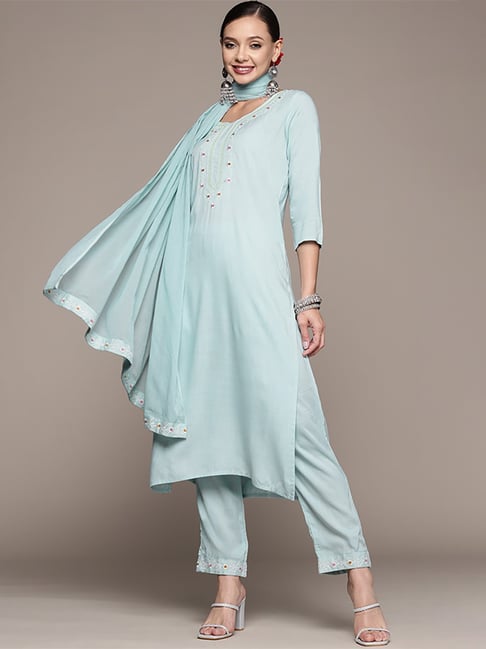 Anubhutee Blue Cotton Embroidered Kurta Pant Set With Dupatta