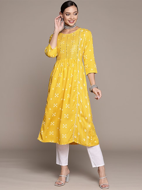 Anubhutee Yellow Embroidered A Line Kurta Price in India