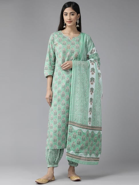 Yufta Green Cotton Floral Print Kurta Salwar Set With Dupatta Price in India