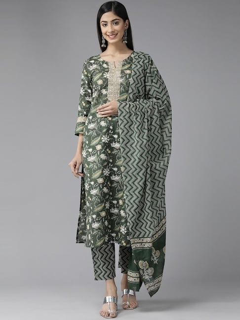 Yufta Green Cotton Embroidered Kurta Pant Set With Dupatta Price in India