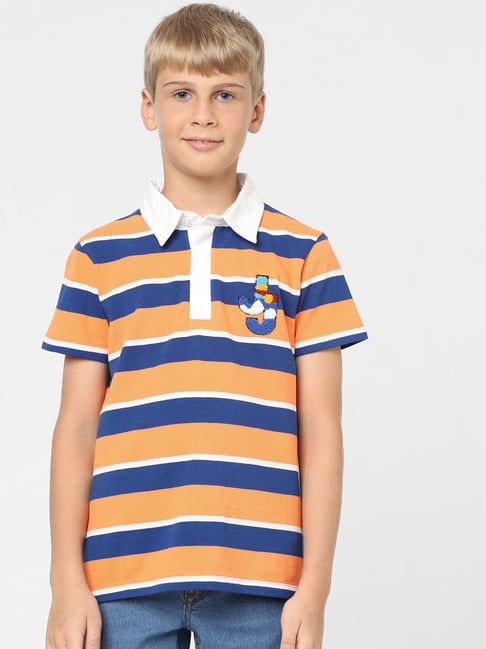 Jack Jones Junior Boys Orange Navy Striped Polo T-Shirt - Main Image