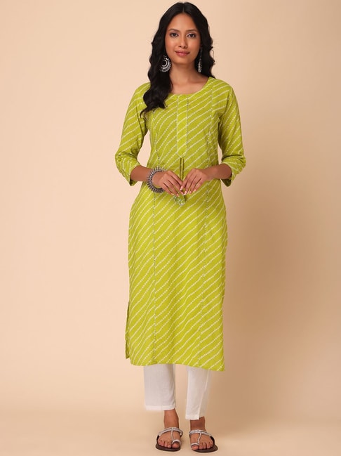 Indya Green Cotton Bandhani Print Straight Kurta Price in India