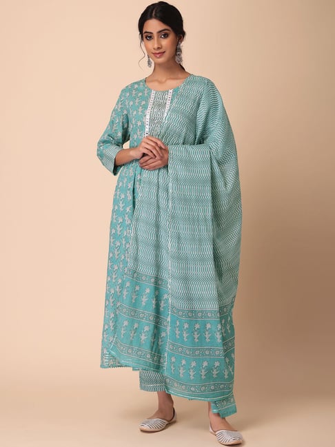 Indya Blue Cotton Floral Print Kurta Pant Set With Dupatta Price in India